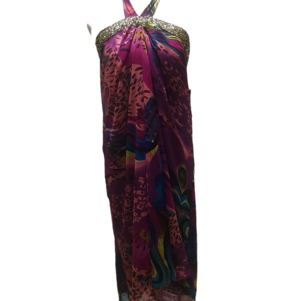 Ai Authentic Icon Mod Purple Swirl Abstract Midi Halter Dress Gold Sequins Med